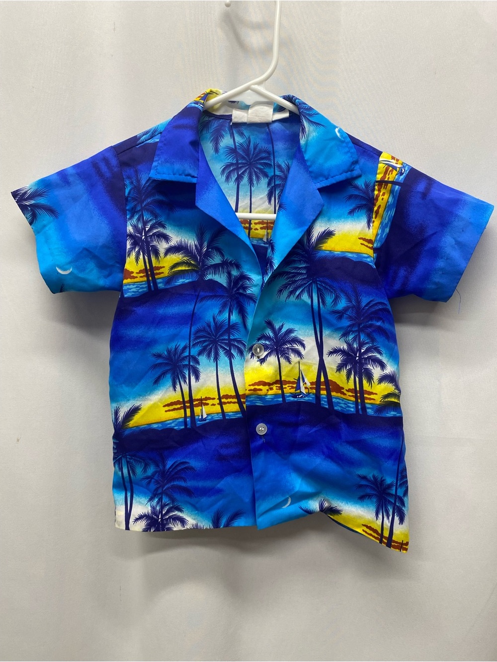 Vintage Hawaiian shirt boys size 5 blue surfer palm trees Aloha boats nautical